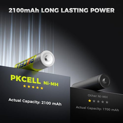 PKCELL Rechargeable AA Batteries 16-Pack, 2100mAh 1.2V NiMH AA Rechargeable Batteries, 1200+ Charging Cycles,Low Self Discharge for Solar Light,Game Controllers, Flashlights