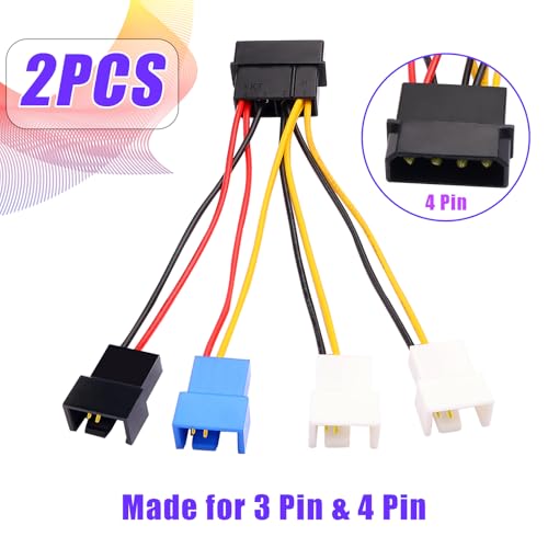 2Pcs Large 4-pin to Small 4/3-pin Fan Speed Control Cable, 1-to-4 Splitter, 3-Speed Settings (12V/7V/5V), Computer case Fan Power Splitter (22AWG, 12cm)