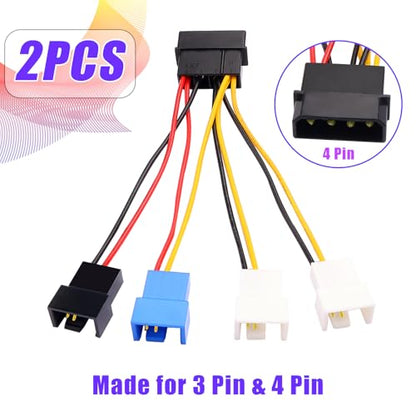 2Pcs Large 4-pin to Small 4/3-pin Fan Speed Control Cable, 1-to-4 Splitter, 3-Speed Settings (12V/7V/5V), Computer case Fan Power Splitter (22AWG, 12cm)