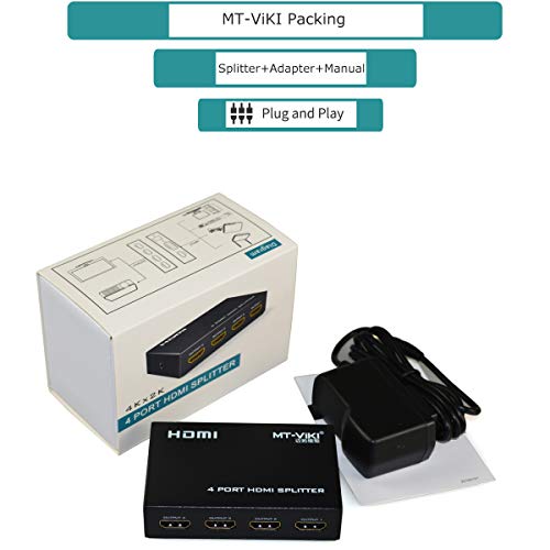 MT-ViKI HDMI Splitter 1 in 4 Out, 4K 30Hz Powered HDMI Distributor for 4 Monitors, Supports 3D & HDCP 1.4, Mirror Only, Compatible with Gaming Consoles with Power Adapter - size: 1x4 4K30