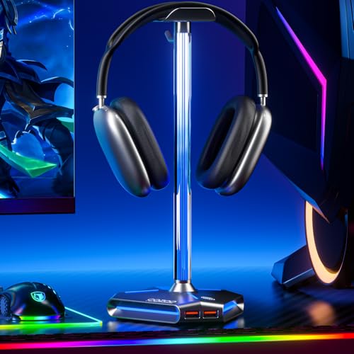cozoo Desk headset stand Touch RGB Light Stand 4 Color Modes 2 USB Grey | Headphone Stand for Desk with 4 Fixed Colors & RGB Cycle Lighting,Built-in 2 USB2.0 Charging Ports, for Most Gaming Headsets - color: Grey