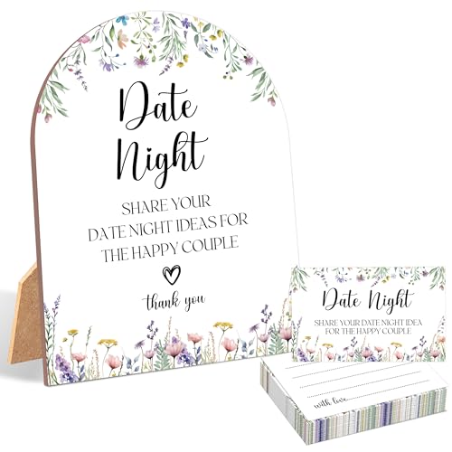 51 Pc Wildflower Date Night Ideas Game, Boho Flowers Bridal Shower Game, 6x8 Inch Arch Wooden Sign with Stand and 50 Date Night Cards, Wedding Shower Decor - YHZ06 - color: Wildflower06