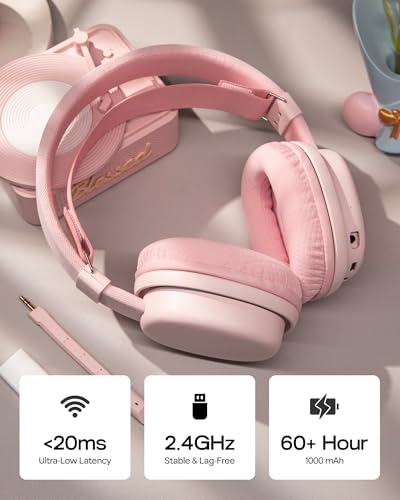 MechLands Aula G7 Wireless Gaming Headset for PS4/PS5/PC/Switch, Over-Ear Headphones with Detachable Noise Canceling Mic, RGB, Surround Sound, 60H Battery, 2.4GHz/BT/Wired (Pink) - color: Pink
