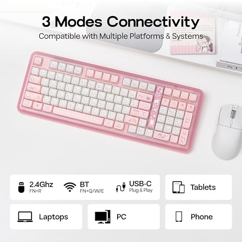 KiiBoom Phantom98 Lite 96% Wireless Mechanical Gaming Keyboard, VIA Programmable, Creamy Keyboard with Gasket, 8000mAh Battery, Hot Swap, RGB Backlits, NKRO for Win/Mac (Pink, Mossy Silent Switch) - color: Pink, size: Mossy Silent Switch