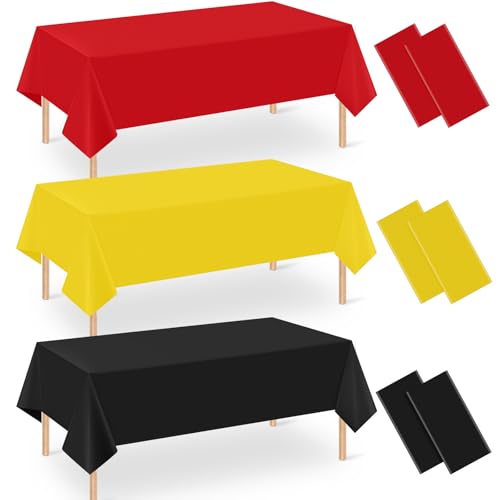 6 Pcs Red Black Yellow Plastic Tablecloths Bulk, 54x108 Inch Disposable Rectangle Party Table Cloth Waterproof Cartoon Table Cover for Boys Birthday Wedding Graduation Party Decorations Supplies - color: Red Black Yellow