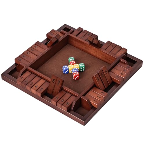 Shut The Box Game Wooden,4 Players Math Games for Kids 8-12,Dice Box Family Games for Kids and Adults,Board Tabletop Games for Kids 5-7, 12 Inch Close The Box Game for Classroom,Home or Party(4-Retro) - style: 4-player - Retro