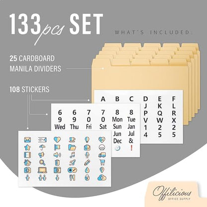 25 Heavyweight Manila Index Card Box Dividers - 3x5 with Tabs & 108 Stickers, Monthly & Recipe Guides, Greeting Card Dividers - color: 25 Pcs, size: 3 x 5 Inches
