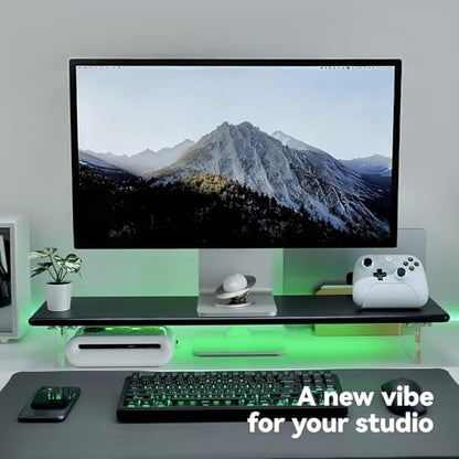 Bamboo Monitor Stand, Desk Shelf with Acrylic Legs and RGB Lights | 31.5-Inch Wide, 3.3-Inch Clearance, Fits Monitor, Laptop, Printer and Speakers for Small Desks - color: Black x RGB Light