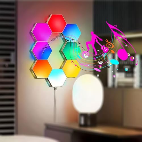 Vcwtty Hexagon Light Panels with App, Music Sync, 6 Pack | RGB Gaming Lights, DIY Modular Design, Sensory Room, Game Room, Party, USB Powered, Wall Decor, Sound Activate - size: 3.8 inches