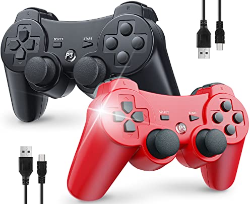 OKHAHA Controller 2 Pack for PS3 Wireless Controller for Sony Playstation 3, Double Shock 3, Bluetooth, Rechargeable, Motion Sensor, Remote for PS3 (No Stripes(Black + Red)) - color: No Stripes(Black + Red)
