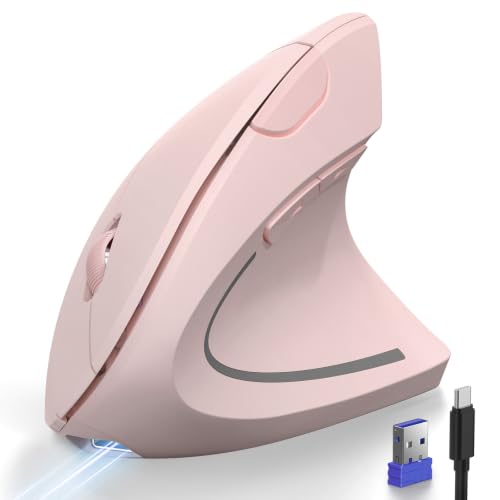TECKNET Ergonomic Mouse Wireless, Rechargeable Vertical Mice Right Hand | 2.4G+Bluetooth, Multi Device, 4800 DPI Adjustable, Optical Carpal Tunnel Mouse, for Laptop, PC, Computer, MacBook, iPad, Pink - color: Pink