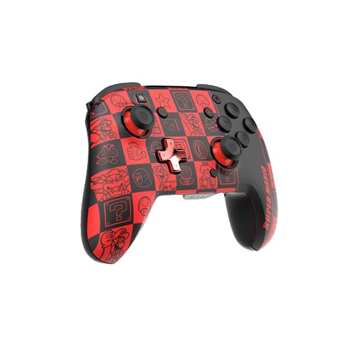 PDP REMATCH GLOW Enhanced Wireless Nintendo Switch Pro Controller, Rechargeable 40 hour battery power, Dual Programmable Gaming Buttons, 30-foot Connection, Super Mario Icon (Black/Red Glow in the Dark)