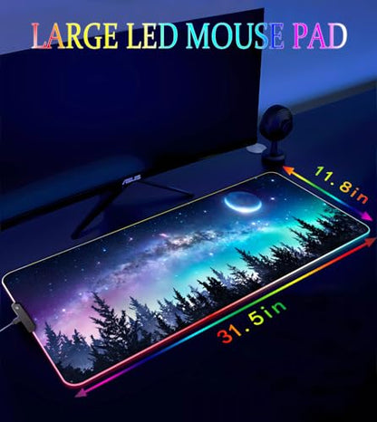 RGB Gaming Mouse Pad, Large Mousepad with Led Light, Gaming Accessories Keyboard Pad for Desk, Non-Slip Rubber Base Big Mouse Mat for Gamer, 31.5 X 11.8 Inch, Moon Starry Sky - color: 04 Moon Starry Sky