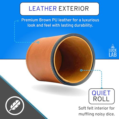 Luck Lab Brown Leather Dice Cup with Lid Including 6 Matching Pearl Dice - Tan Velvet Interior for Quiet Shaking - Use for Liars Dice Farkle Yahtzee Board Games