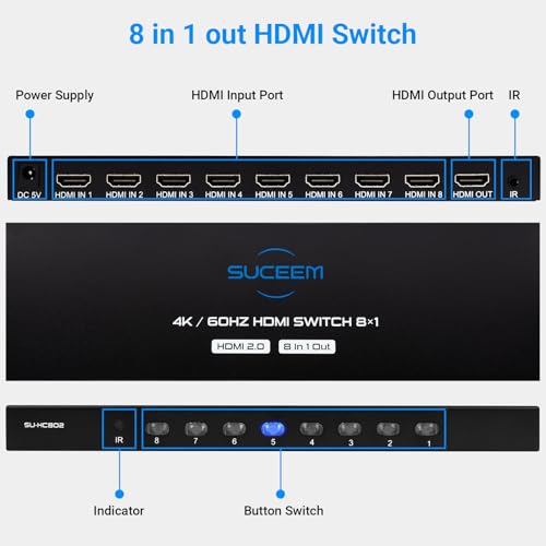 4K@60Hz HDMI Switch 8 in 1 Out, HDMI Switcher Selector Box with IR Remote Control, Support 4K 60Hz Ultra HDR HDCP 3D for Xbox PS5 PS4 Xbox PC Laptop