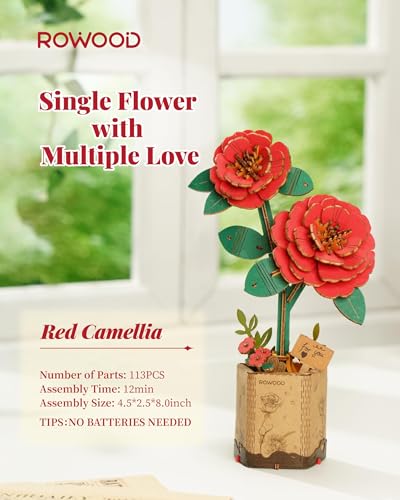 rowood 3D Puzzle,Mother's Day DIY Wooden Flower Craft Kit Building Set,Botanical Collection Home Decor, Valentine's Day/Teacher's Day/Christmas/Birthday Gift for Mom/Women/Grandma-Red Camellia - style: Red Camellia