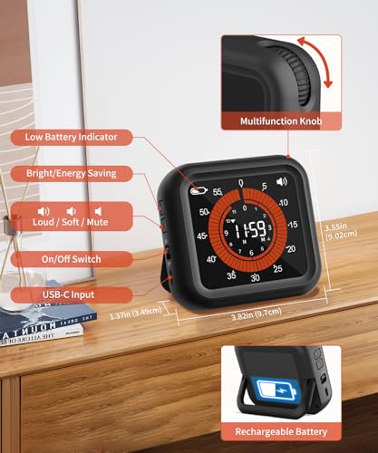 Digital Magnetic Visual Kitchen Timer, Up to 11H 59M Countdown & Count Up | USB-C Rechargeable, Large VA Display, Adjustable Volume and Brightness, Memory Recall Function for Kitchen, Classroom, Study - color: Black