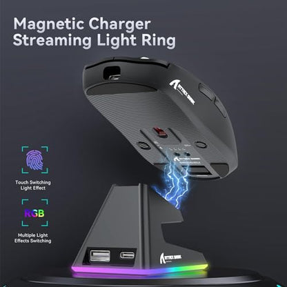 ATTACK SHARK X6 Lightweight Wireless Gaming Mouse with RGB Backlight Charging Base,Tri-Mode Wired/2.4GHz/BT5.2,26K DPI, PAW3395 Optical Sensor,HUANO Switch,5programmable Buttons,PC/Mac(Black) - color: Black, size: Mouse without Anti-slip sticker