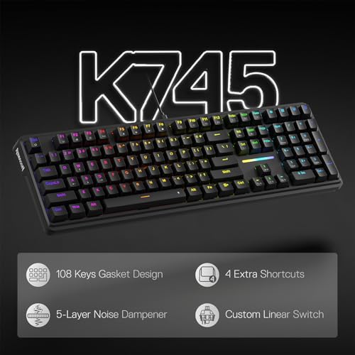 Redragon K745 Wired Gasket RGB Gaming Keyboard, 108 Keys Mechanical Keyboard w/Extra 4 Hotkeys, Upgraded Hot-swappable Socket, 5-Layer Noise Dampening, Creamy & Thocky Custom Linear Switch - color: Essential Black, size: 108 Keys
