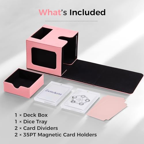 MTG Commander Deck Box with Dual Display Windows and Dice Tray | Fits 100 Double-Sleeved Cards, PU Leather, 2 Magnetic Card Holders, 2 Dividers, Pink & Black - color: 1. Pink & Black
