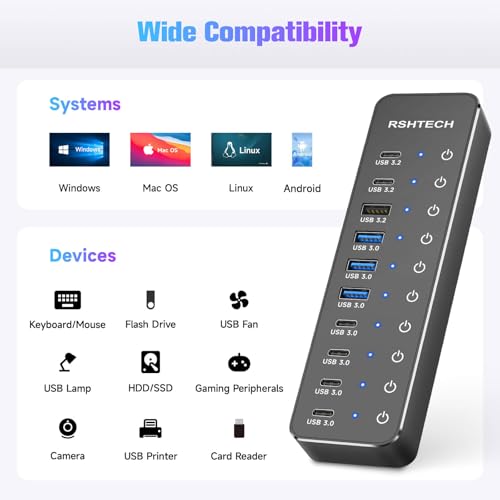 RSHTECH 10 Ports Powered USB 3.2/USB C Hub Splitter 60W with 3 x 10Gbps USB 3.2 Ports (2C + 1A),7 x USB 3.0 Ports (4C + 3A), 3.3ft Cable and Individual Touch Switches for Laptop PC