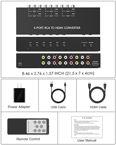 6 Port RCA to HDMI Converter, Dual AV to HDMI Converter Supports 16:9/4:3 Composite to HDMIAdapter Support 1080P PAL/NTSC Compatible with Sega/Xbox/PS1/PS2/PS3/WII/N64/VHS, VCRs, and DVD Players - size: 6 Port RCA to HDMI Converter