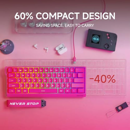 SEUNKWANG F61 60% Gaming Keyboard Wired, RGB Backlit Membrane Keyboard with PBT Keycaps, Compact Design, Lanyard Wired Keyboard for Mac/Win (Red, Wired) - color: Red