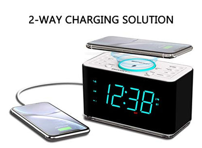 Emerson ER100401 Smartset 15Watt Ultra Fast Wireless Charging Dual Alarm Clock Radio with Bluetooth Speaker, USB Charger, Cyan LED Night Light and 1.4" Display - style: ER100401