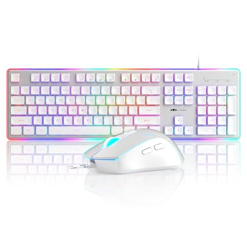 Camiysn Gaming Creamy Keyboard and Mouse, White 104 Keys RGB and 6 Speed RGB Mouse Combo, Pudding Keycaps Silent Computer Keyboard for Computer/PC/Laptop/Mac/Windows/Office - color: White