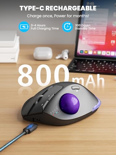 Wireless Trackball Mouse, Adjustable Angle Rechargeable Backlit-Purple Ball | MAM1 Pro Ergonomic Mouse Rollerball Thumb mice with 5 Level DPI, 3 Devices Connection (USB & Bluetooth ) for PC, Windows - color: Purple Ball