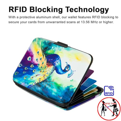 Credit Card Holder Small RFID Blocking Wallet Business Metal Slim Mini Aluminum Hard Case for Women Men - color: Colorful Peacock