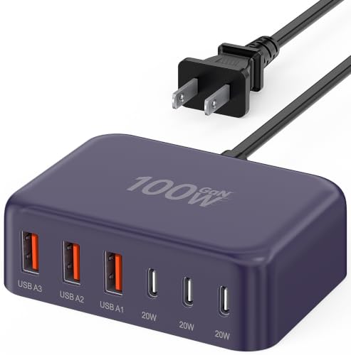 [2026 Updated] USB C Fast Charger, 100W GaN 6 Port Type C Charging Station Hub Block Cube, USB C Wall Charger Power Strip Adapter Plug for iPad iPhone 17 16 15 14 Pro Max Pixel Note Galaxy, 5ft Cord - color: D-Purple, size: 100W