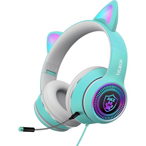 Cat Ear Gaming Headphones Wired AUX 3.5mm with LED Light, VIGROS Flashing Stereo Game Headphones Surround Sound Over-Ear Headsets with Microphone Fit Kids & Adult for PC, PS4, Switch, Mobile, Laptop - color: Light Blue