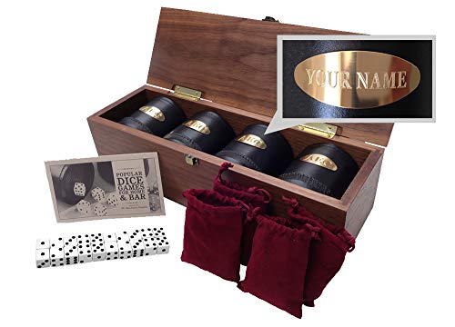 Golden Gate Dice Cup Set of Four in Walnut Presentation Case Includes Twenty White Dice and a Book of Dice Games (Includes Liars Dice) (Dice Shaker Cup Set) - style: Four-Personalized Leather Dice Cups in Walnut Case