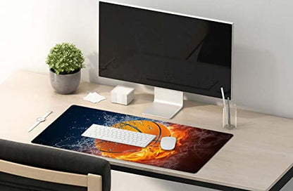 SSOIU Extended Gaming Mouse Pad (35.5x15.7 in), Basketball Ball in Fire and Water Large Non-Slip Rubber Base Mousepad with Stitched Edges, Waterproof Keyboard Mouse Mat Desk Pad for Work, Game, Office - color: Basketball Ball