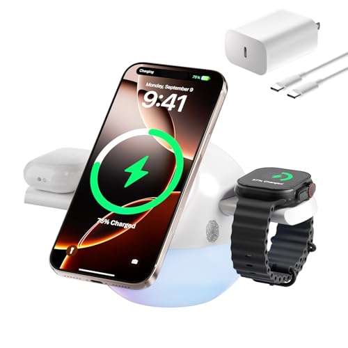 3-in-1 Charging Station for Apple, Mizccdem Qi2.2 25W Certified Wireless MagSafe Fast Charger Stand with Night Light for iPhone17/16/15/14/13/12 Series, Apple Watch, AirPods(45W Adapter Included)