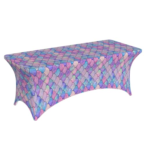 Famame Colorful Mermaid Scale Rectangular Fitted Tablecloth- 6Ft Stretch Spandex Table Covers Patio Design Tablecloths for Wedding Banquet Party (72Lx30Wx30H) - color: Colorful Mermaid Scales, size: 3" x 1" (Rectangular)