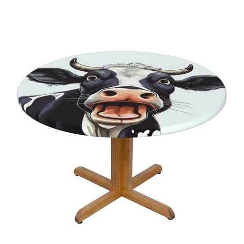 Famame Farm Cow Open Mouth Round Fitted Tablecloth with Elastic Protector Table Kitchen Dinner Waterproof Oil-Proof Table Covers Fits 40"-44", Small - color: Farm Cow Open Mouth, size: Small (40"-44")