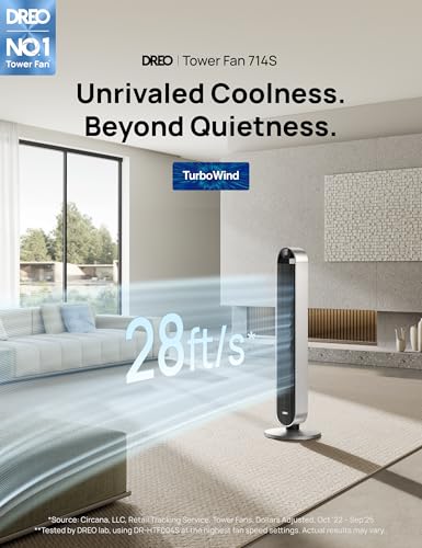 DREO Smart Tower Fan for Bedroom, 120° Oscillating Fan, 20dB Quiet DC Motor | 28ft/s Airflow, 12 Speeds, 4 Modes Bladeless Standing Fan, 12H Timer Cooling Fan for Home, Living Room, App & Alexa Control - color: Silver