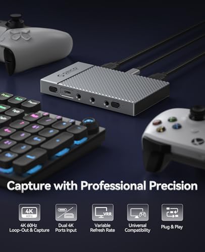 ORICO IS6 4K Portable HDMI Capture Card for Streaming, Dual 4K@60Hz Inputs, USB C Game Capture Card with Audio Ports Compatible with PS5, Xbox, Switch, OBS Recording, Works on PC, Mac, Laptop, iPad