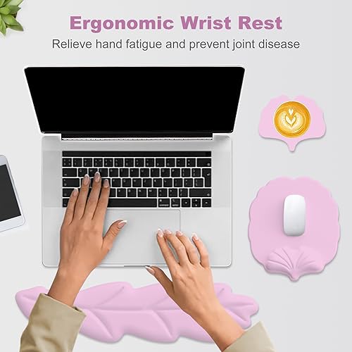 Keyboard Wrist Rest and Mouse Pad with Wrist Support Set, Ergonomic Leaf Shape Mouse Pad with Non-Slip Base, Pain Relief Memory Foam Mousepad for Computer,Laptop,Home Office, Pink - color: Pink