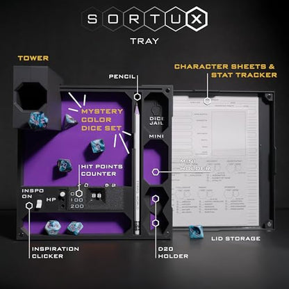 All-in-One Dice Tray with Tower by TTRPG World - Magnetic Modular Organizer for 5E & d20 RPGs with Soft Lining, Tower, Mini Holder, Sheets & Mystery Dice Set (Purple) - color: Purple