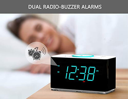 Emerson ER100401 Smartset 15Watt Ultra Fast Wireless Charging Dual Alarm Clock Radio with Bluetooth Speaker, USB Charger, Cyan LED Night Light and 1.4" Display - style: ER100401