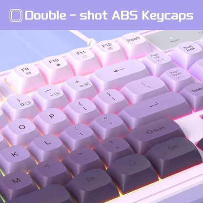 MageGee Gradient Purple Creamy Keyboard and Mouse Combo,MageGee GK980 Wired RGB Backlit Keyboard and Gradient Purple Gaming Mouse Combo,PC Keyboard and Adjustable Sensitivity Mouse for PC/loptop/MAC - color: White purple