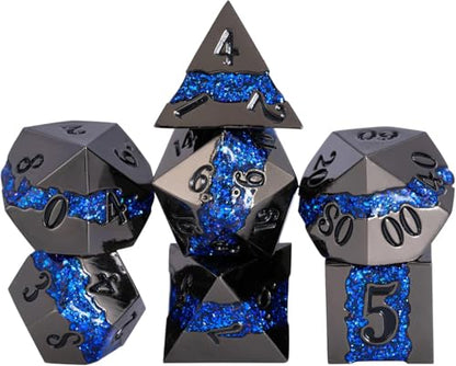 Unique Galaxy Metal DND Dice Set, 7PCS Polyhedral RPG Dice with Glitter River Design for Dungeons and Dragons Tabletop Games - color: Antique Nickel Dark Blue