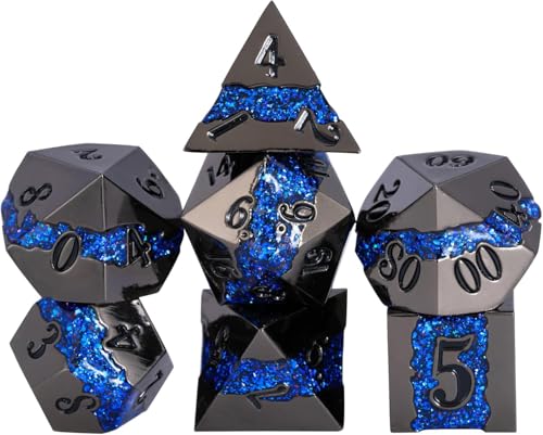 Unique Galaxy Metal DND Dice Set, 7PCS Polyhedral RPG Dice with Glitter River Design for Dungeons and Dragons Tabletop Games - color: Antique Nickel Dark Blue