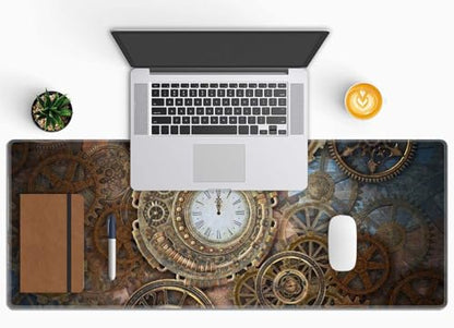 Gaming Mouse Pad, XL Extended Computer Keyboard Long Mouse Mat, Large Desk Pad for Office Laptop, Non-Slip Rubber Base with Stitched Edge Mousepad, 31.5X11.8 inch Rusty Steampunk with Clock - color: Rusty Steampunk With Clock