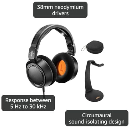Neumann NDH 20 Black Edition Closed-Back Studio Headphones Bundle with Auray HPDS-B Desktop Headphone Stand and UHC-725 Headphone Case