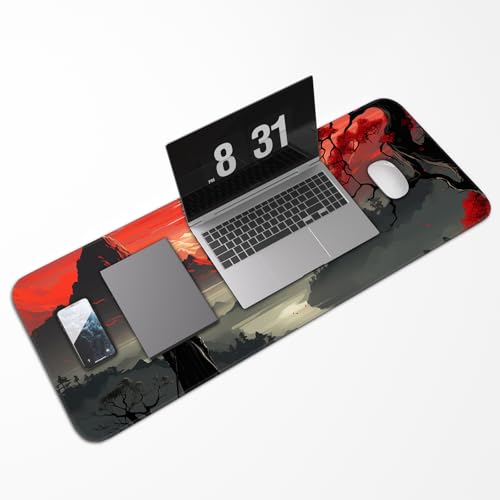 Japanese Gaming Mouse Pad, Non-Slip Rubber Base with Stitched Edge Mouse Pad for Office, Laptop, 31.5x11.8 Inch Anime Gaming Keyboard Pad - color: Red Moon Canyon