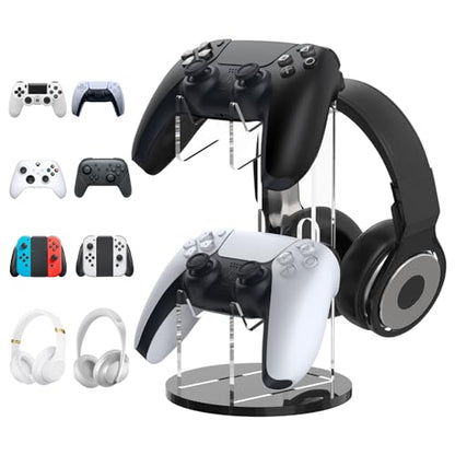 MoKo Universal Game Controller & Headset Stand, 2-in-1 Holder Acrylic | Premium acrylic, crystal clear. 2-in-1 for controller and headset. Non-slip base. Fits Switch, PS5, PS4, Xbox. - color: Black&Clear